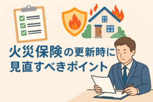 火災保険の更新時に見直すべきポイントをテーマにしたイラスト。チェックリスト、火災保険のシンボル、燃える家と考える人物を描写。