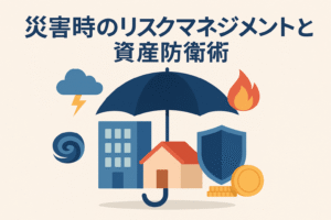災害時のリスクマネジメントと資産防衛術をテーマにしたアイキャッチ。建物や家、盾やコインを傘が守る構図に、雷・火災・台風などの災害シンボルを配置。
