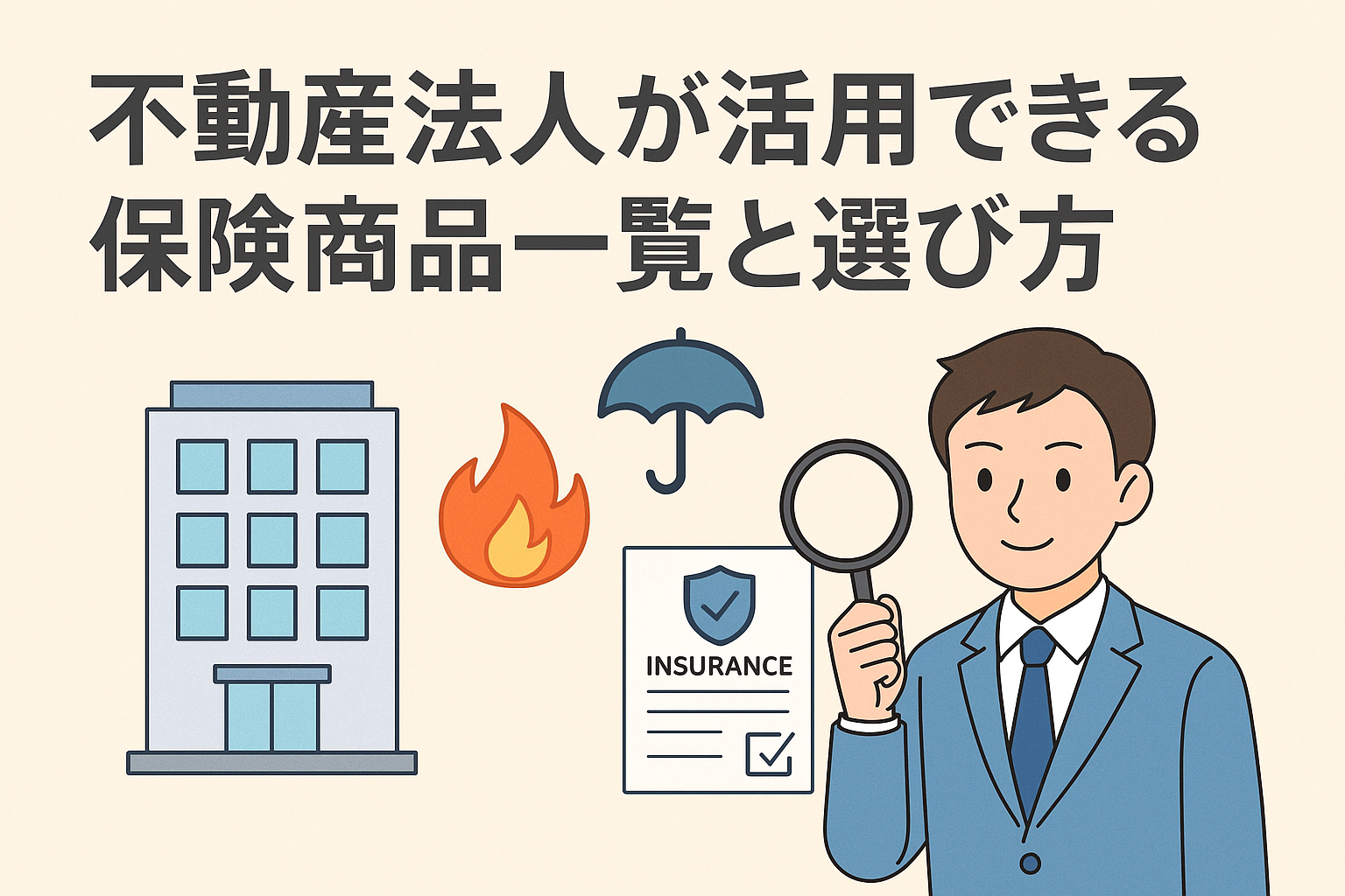 不動産法人が活用できる保険商品の選び方をテーマにしたイラスト。ビル、火災、傘、保険証書、スーツ姿の人物が描かれている。
