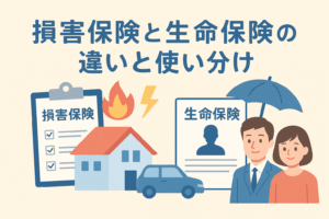 損害保険と生命保険の違いと使い分けをイラストで表現したアイキャッチ画像。建物や車と損害保険、家族と生命保険を対比。