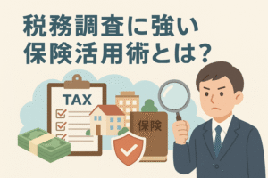 税務調査に強い保険活用術をテーマにしたアイキャッチ画像。調査官、保険証券、建物、TAX書類を描いたイラスト。