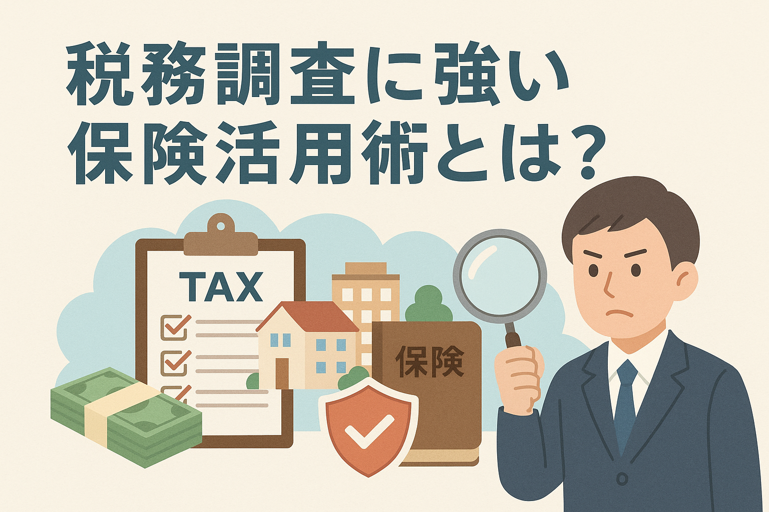 税務調査に強い保険活用術をテーマにしたアイキャッチ画像。調査官、保険証券、建物、TAX書類を描いたイラスト。