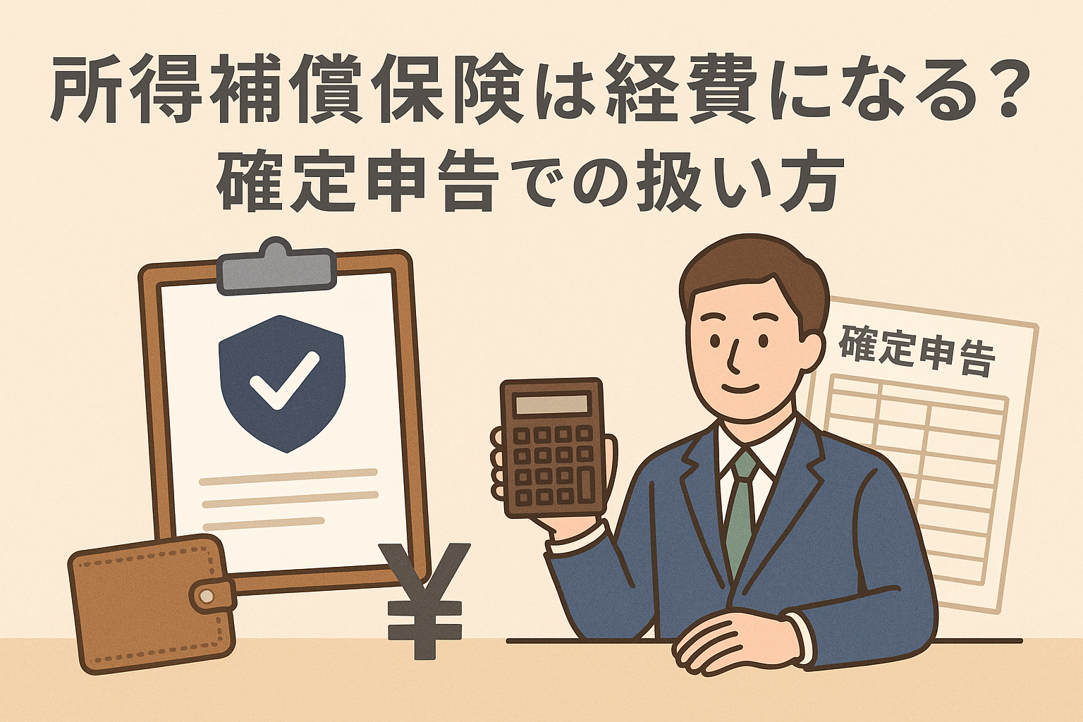 所得補償保険が経費になるかを解説する記事用アイキャッチ画像。計算機を持つ人物と確定申告書、保険の書類を描いたイラスト。