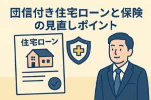 団信付き住宅ローンと保険の見直しポイントをテーマにしたアイキャッチ画像。住宅ローンの書類、保険シンボル、スーツ姿の人物を描いたイラスト。