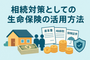 相続対策に生命保険を活用することを表すアイキャッチ画像。家と家族のシルエット、遺言書・相続税・保険証券の書類、硬貨と盾のアイコンを薄い色調で配置。