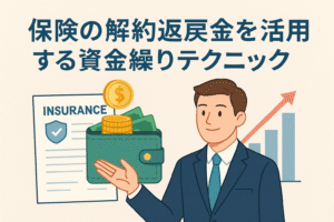 保険の解約返戻金を資金繰りに活用する方法を解説する記事用アイキャッチ画像。スーツ姿の男性、保険証書、財布、グラフを描いたイラスト。