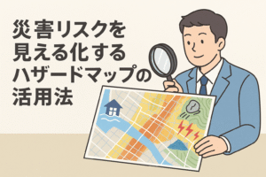 災害リスクを見える化するハザードマップ活用法をテーマにしたアイキャッチ画像。スーツ姿の人物が地図を拡大鏡で確認するイラスト。