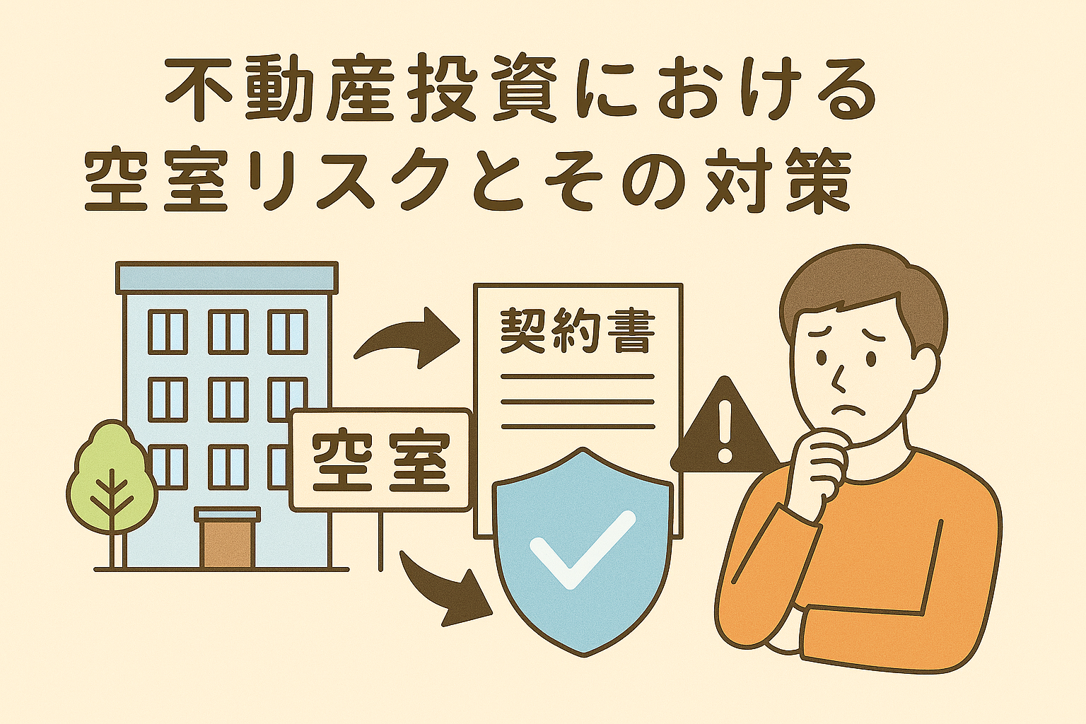 不動産投資における空室リスクとその対策を表現したイラスト。空室表示のある建物、悩む投資家、対策を象徴する盾マークが描かれている。