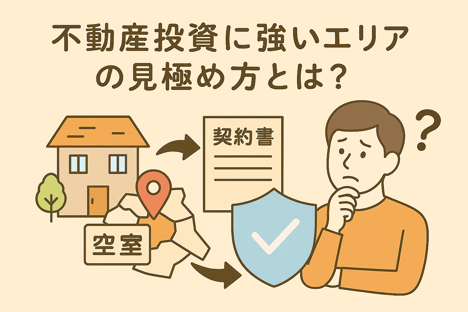 不動産投資に強いエリアの見極め方をテーマにしたイラスト。地図、住宅、考える投資家が描かれた親しみやすい構成。