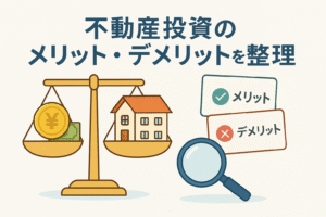 不動産投資のメリットとデメリットを天秤で比較しているイラスト。家とお金が描かれ、内容を整理するイメージが直感的に伝わるデザイン。