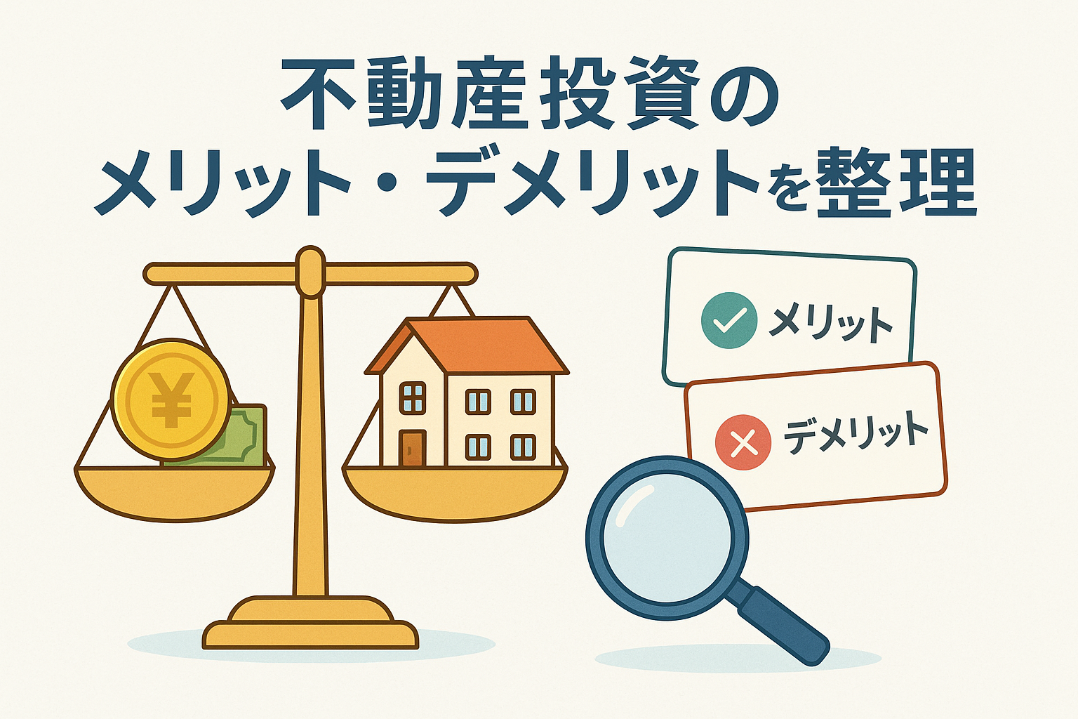 不動産投資のメリットとデメリットを天秤で比較しているイラスト。家とお金が描かれ、内容を整理するイメージが直感的に伝わるデザイン。