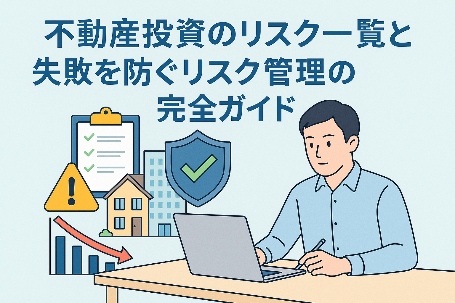 不動産投資のリスクとリスク管理をテーマに、パソコンで物件情報を確認する男性と、家やチェックリスト、警告マーク、下向きグラフ、盾アイコンが描かれたイラストのアイキャッチ画像