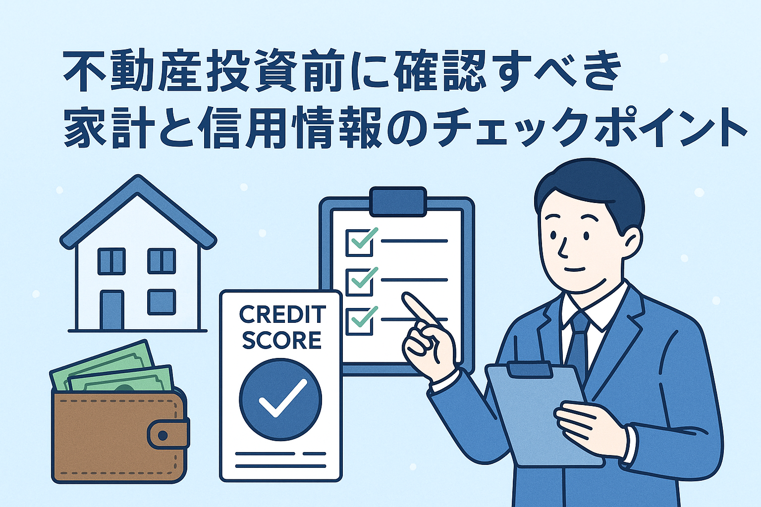 不動産投資前に確認すべき家計と信用情報をテーマに、家のアイコン、財布、クレジットスコアの書類、チェックリストを持つ男性が描かれた分かりやすいイラストのアイキャッチ画像