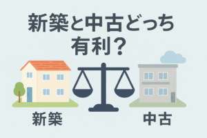 新築と中古のどちらが有利かをテーマに、新しい家と少し古い家を天秤で比較している様子を描いたアイキャッチ画像
