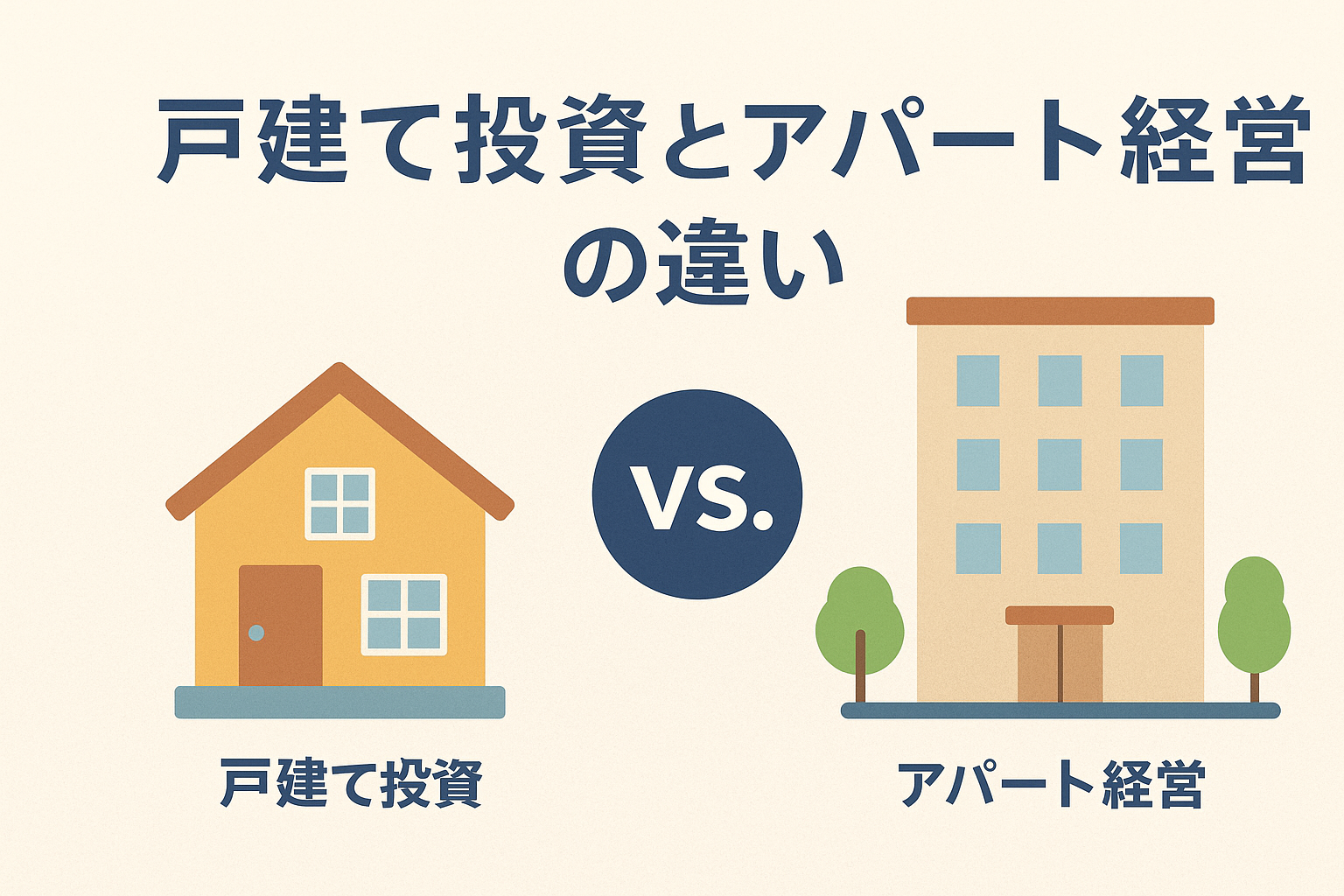 戸建て投資とアパート経営の違いを比較するため、戸建ての家とアパートを左右に並べ、中央に「VS」を配置した分かりやすいデザインのアイキャッチ画像
