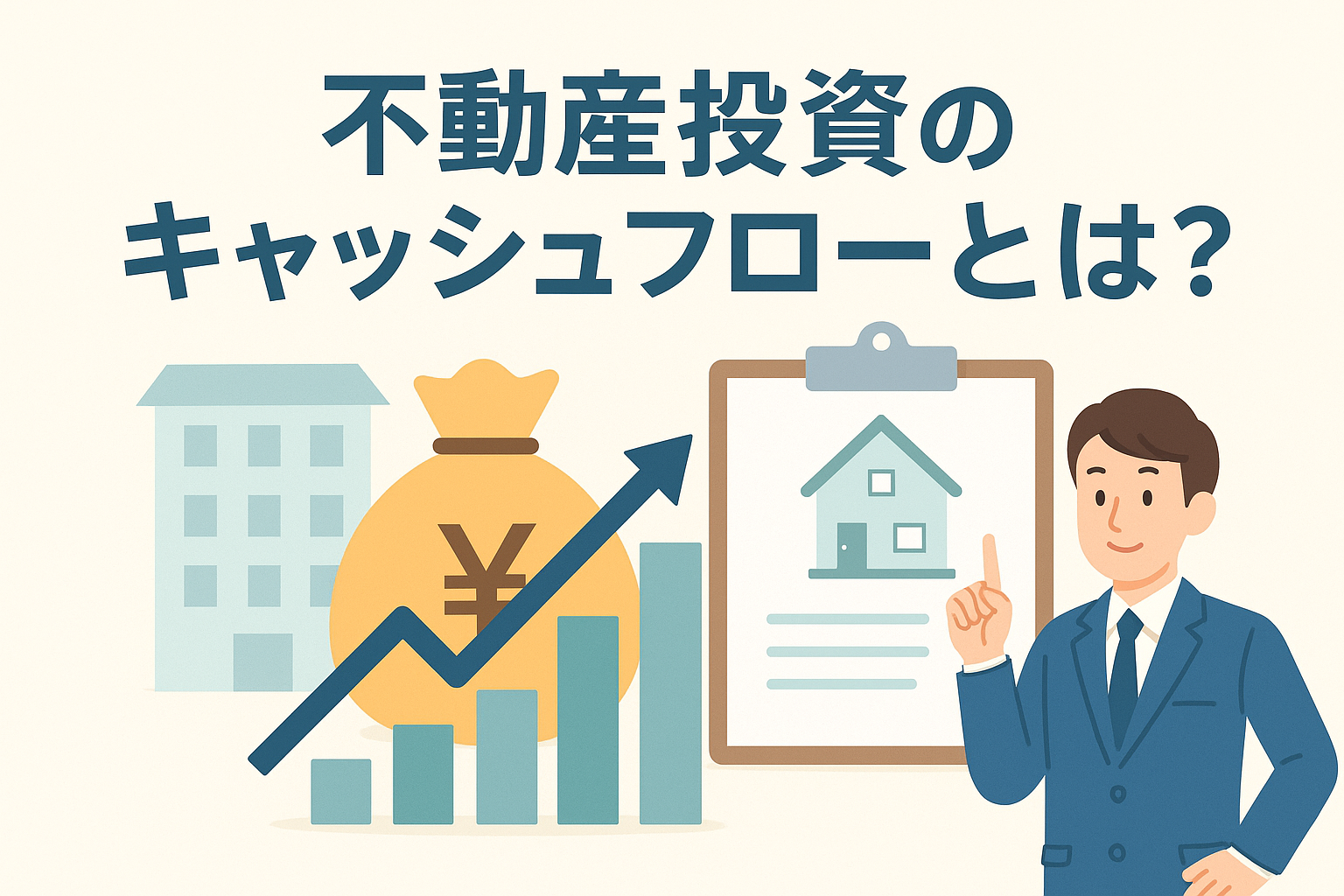 不動産投資のキャッシュフローをテーマに、建物、家賃収入を示すグラフ、円袋、物件資料、スーツ姿の男性が配置されたイラストのアイキャッチ画像