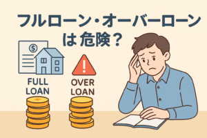 フルローンとオーバーローンの違いとリスクをテーマに、家のイラストとローン関連の資料、警告マーク、悩む男性を配置したわかりやすいアイキャッチ画像