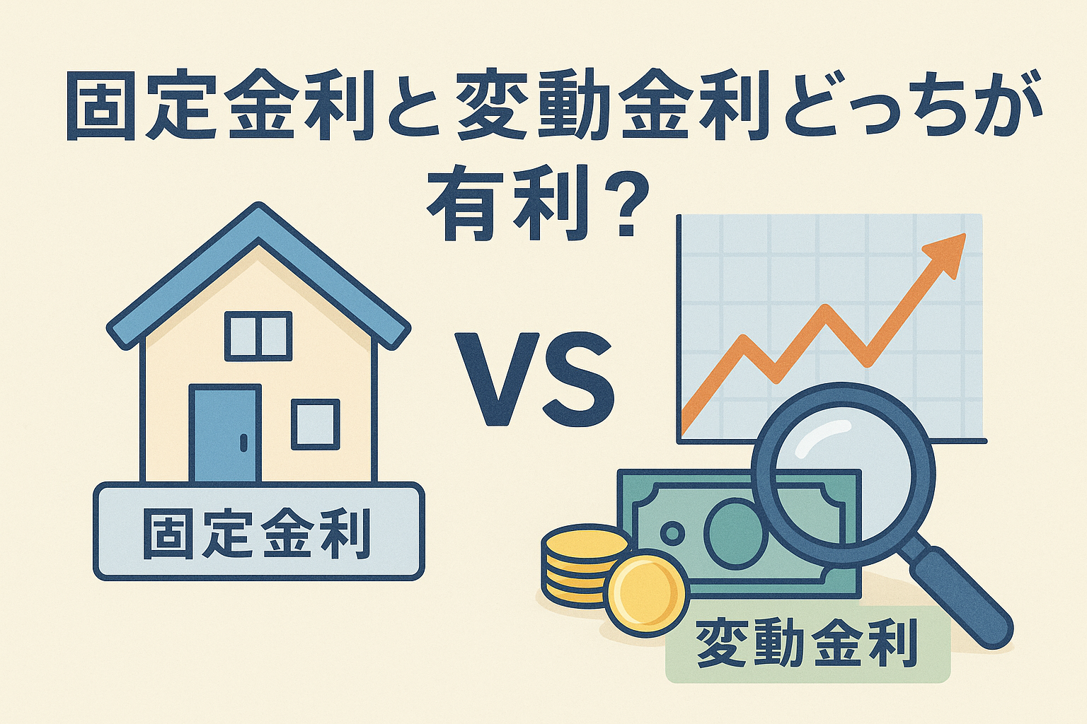 固定金利と変動金利を比較する不動産投資ローンのテーマを、家のイラスト・金利グラフ・VS表記などで分かりやすく表現したアイキャッチ画像