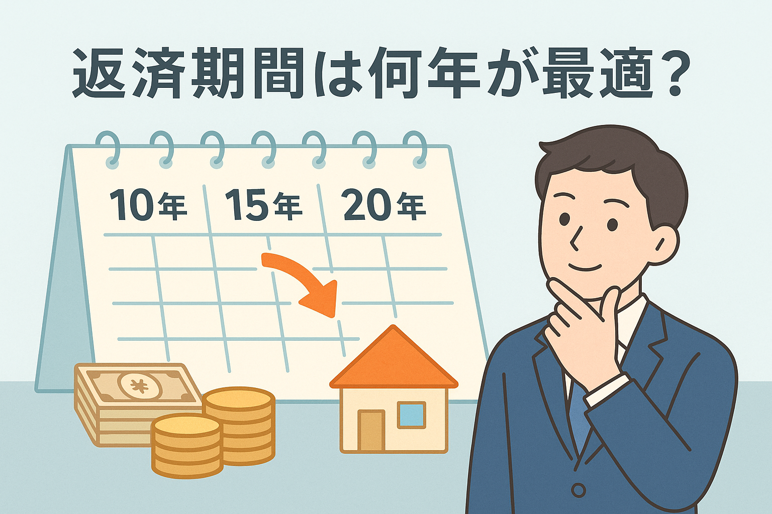 返済期間の最適年数を考えるテーマを、カレンダーと家、返済額を示すお金のアイコン、悩む男性のイラストで表現したアイキャッチ画像