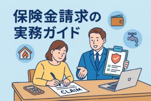 火災や水漏れなどのトラブルと保険手続きのイメージを描いたイラストで、デスクで保険金請求書を書いている女性と、手続き内容を説明する男性が描かれ、「保険金請求の実務ガイド」というタイトルが入った画像。