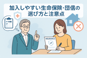 持病がある場合の生命保険や団信の選び方をイメージしたイラストで、加入しやすい保険を説明する男性と、保険契約書に記入する女性が描かれ、背景には保険や住宅を示すアイコンが配置された画像。