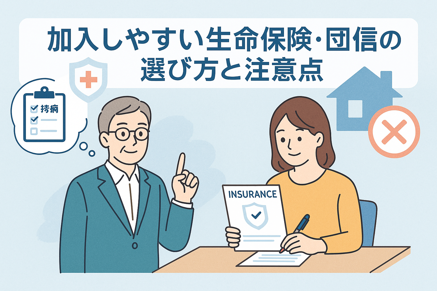 持病がある場合の生命保険や団信の選び方をイメージしたイラストで、加入しやすい保険を説明する男性と、保険契約書に記入する女性が描かれ、背景には保険や住宅を示すアイコンが配置された画像。