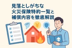 火災保険の特約内容を分かりやすく説明するイラストで、チェックリスト、火災や台風のアイコン、住宅のイメージ、保険冊子を持つ人物が描かれ、「見落としがちな火災保険特約一覧と補償内容を徹底解説」というタイトルが入った画像。