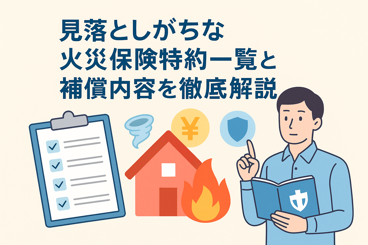 火災保険の特約内容を分かりやすく説明するイラストで、チェックリスト、火災や台風のアイコン、住宅のイメージ、保険冊子を持つ人物が描かれ、「見落としがちな火災保険特約一覧と補償内容を徹底解説」というタイトルが入った画像。