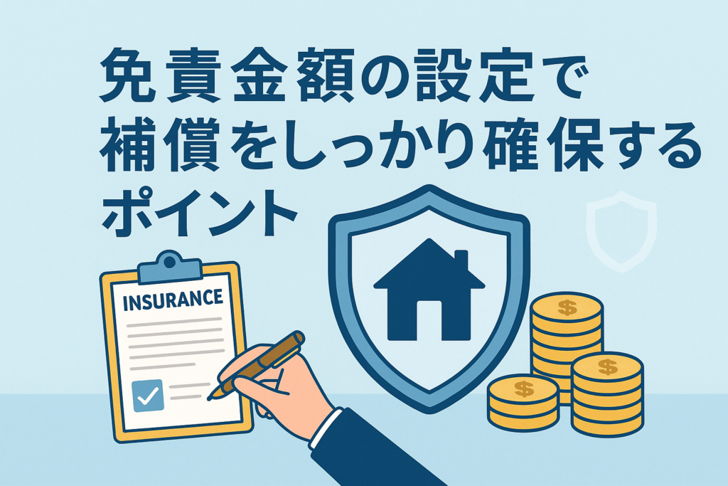 免責金額の考え方をイメージしたイラストで、保険契約書に記入する手元、家のマークが描かれた盾、積み上げられたコインが並び、「免責金額の設定で補償をしっかり確保するポイント」というタイトルが配置された画像。
