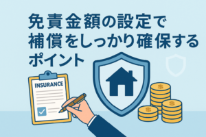 免責金額の考え方をイメージしたイラストで、保険契約書に記入する手元、家のマークが描かれた盾、積み上げられたコインが並び、「免責金額の設定で補償をしっかり確保するポイント」というタイトルが配置された画像。