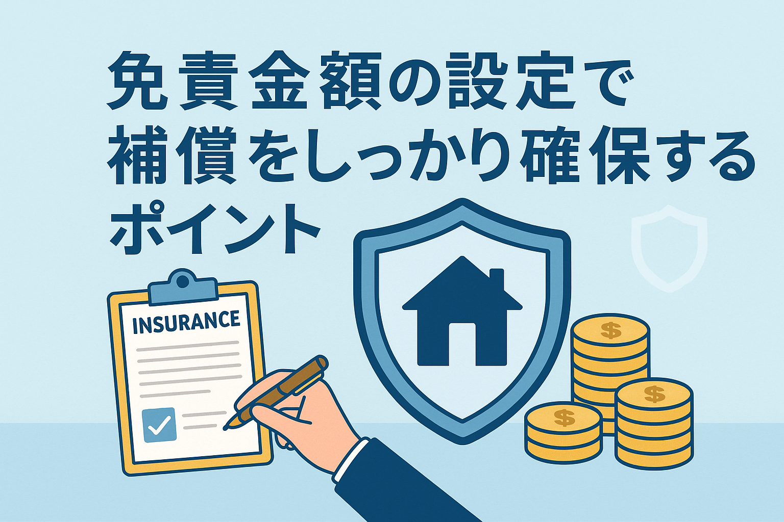 免責金額の考え方をイメージしたイラストで、保険契約書に記入する手元、家のマークが描かれた盾、積み上げられたコインが並び、「免責金額の設定で補償をしっかり確保するポイント」というタイトルが配置された画像。