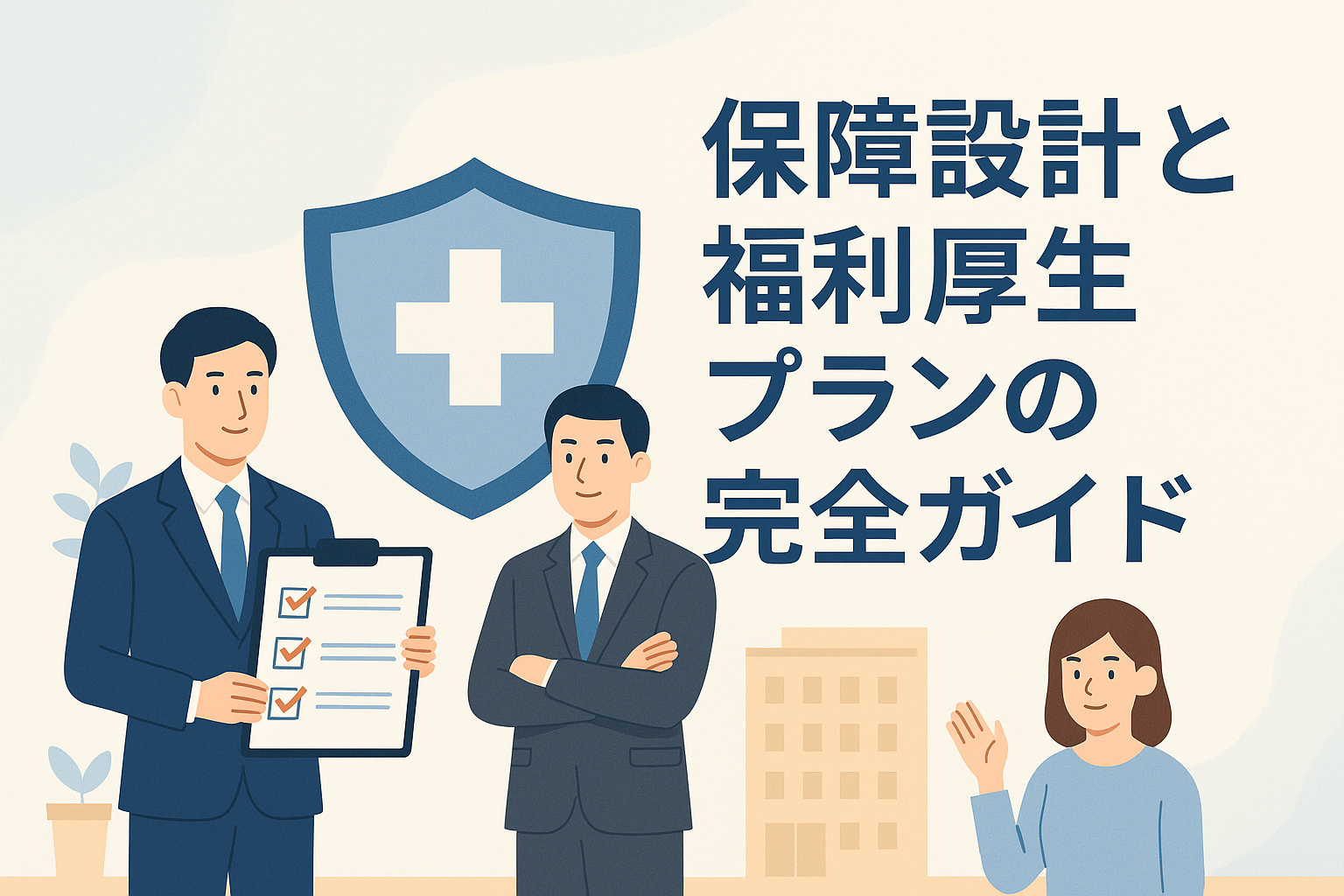 保障設計や福利厚生プランをイメージしたイラストで、チェックリストを持つ男性、スーツ姿の担当者、相談者の女性が描かれ、中央には医療や保障を象徴する盾のアイコンが配置され、「保障設計と福利厚生プランの完全ガイド」というタイトルが入った画像。