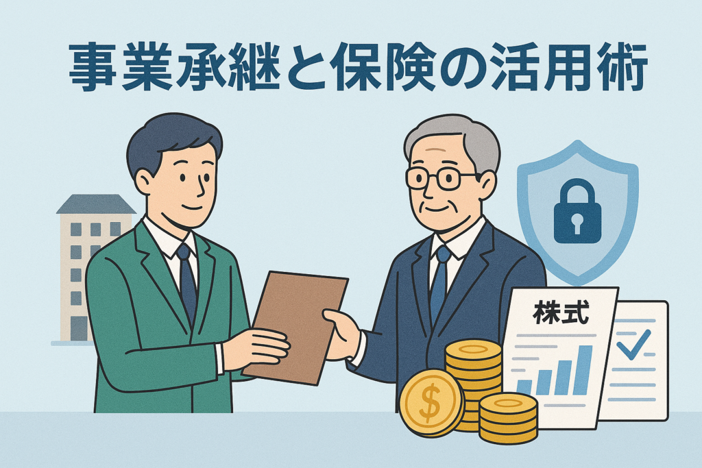 事業承継と保険活用のイメージを表したイラストで、資料を受け渡す若手と高齢の経営者、建物や株式資料、積み上げられたコイン、保障を象徴する盾のアイコンが描かれ、「事業承継と保険の活用術」というタイトルが表示された画像。