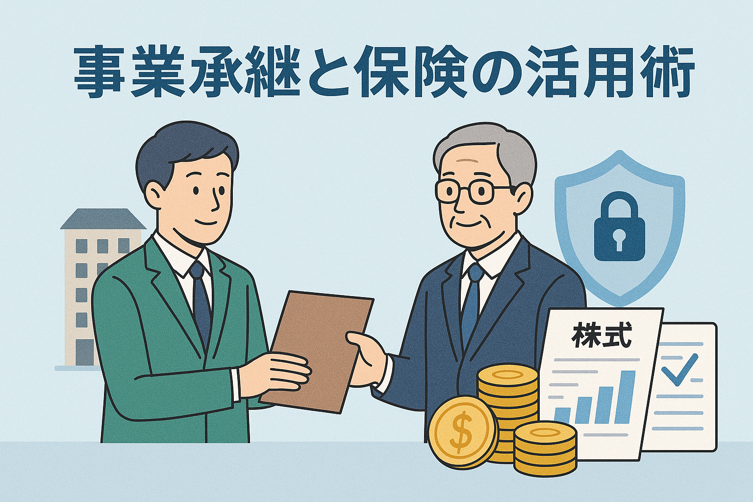 事業承継と保険活用のイメージを表したイラストで、資料を受け渡す若手と高齢の経営者、建物や株式資料、積み上げられたコイン、保障を象徴する盾のアイコンが描かれ、「事業承継と保険の活用術」というタイトルが表示された画像。