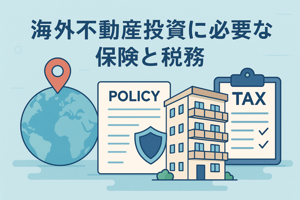 海外不動産投資に必要な保険と税務をイメージしたイラストで、地球儀と位置情報マーク、保険証券を示す書類、マンションの建物、税務書類のクリップボードが並び、「海外不動産投資に必要な保険と税務」というタイトルが表示された画像。