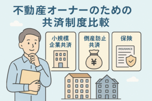 不動産オーナーが利用できる共済制度を比較するイメージのイラストで、男性が制度を検討する姿と、小規模企業共済・倒産防止共済・保険の3つの選択肢がカード形式で表示され、背景に複数の建物が描かれた画像。