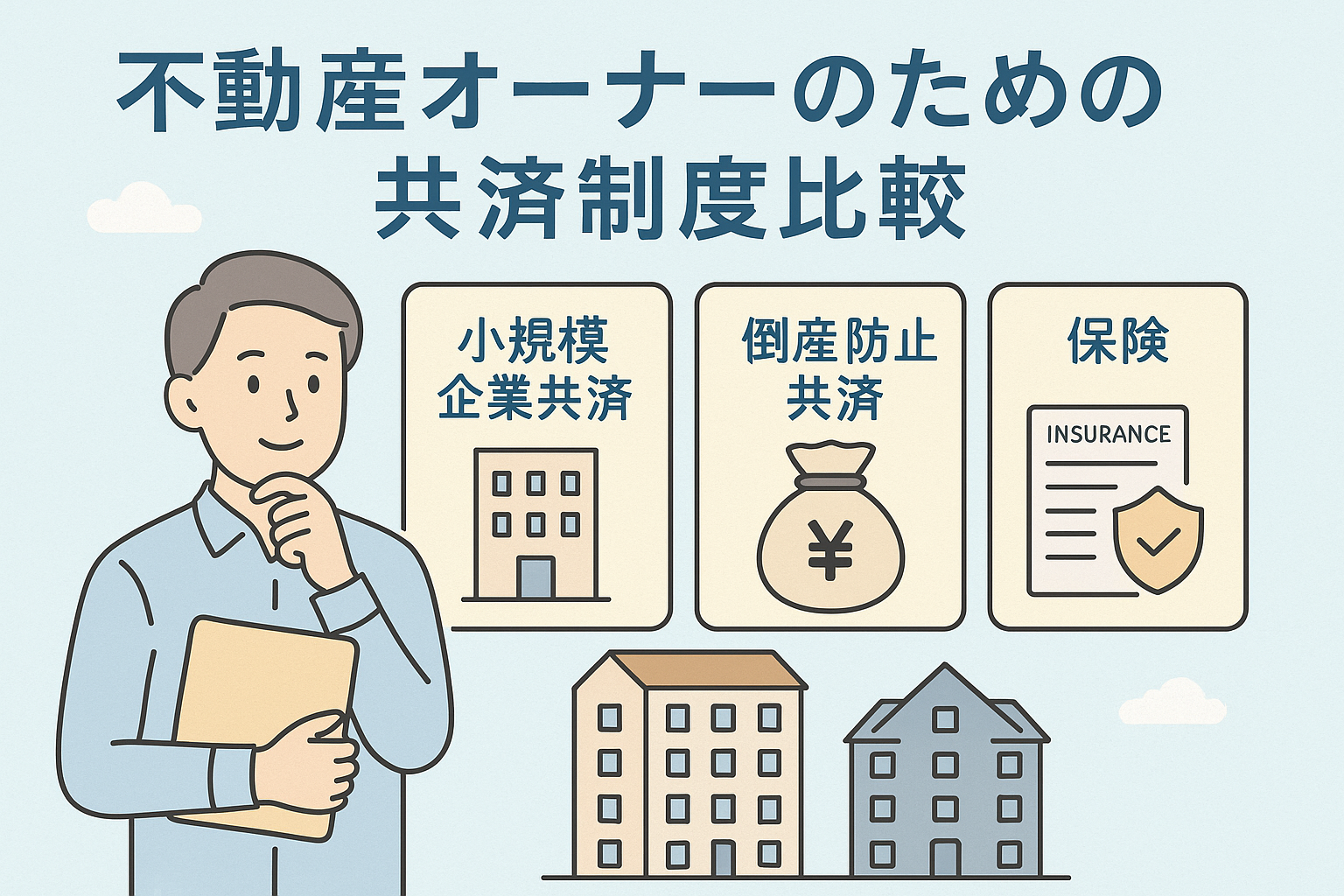 不動産オーナーが利用できる共済制度を比較するイメージのイラストで、男性が制度を検討する姿と、小規模企業共済・倒産防止共済・保険の3つの選択肢がカード形式で表示され、背景に複数の建物が描かれた画像。