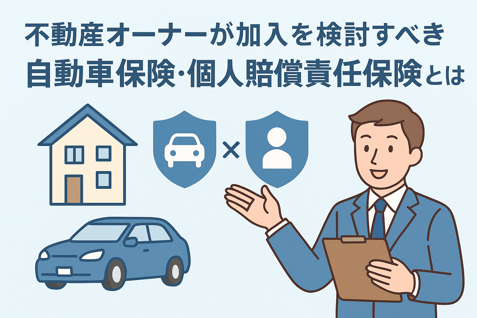 不動産オーナー向けに自動車保険と個人賠償責任保険の重要性を分かりやすく示すため、家・車・保険アイコンと説明する人物イラストを配置したアイキャッチ画像。