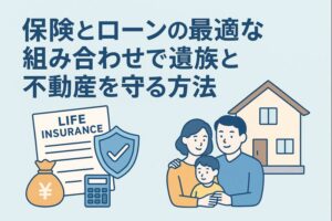 保険とローンを組み合わせて遺族と不動産を守る方法をイメージしたイラスト。家族、住宅、保険証券、盾のアイコンが描かれ、リスク管理の重要性を表現している。