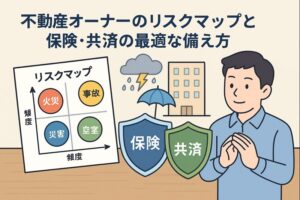 不動産オーナーのリスクマップと保険・共済の役割をイメージしたイラスト。火災・災害・事故・空室などのリスクマップ、建物、傘や盾のアイコンが描かれ、リスク管理の重要性を表現している。