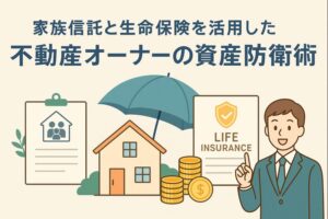 家族信託と生命保険を活用して不動産オーナーの資産を守る様子を表現したイラスト。家のイラスト、家族信託の書類、生命保険証券、コイン、傘のモチーフが配置され、資産防衛や相続対策のイメージが分かりやすく描かれている。