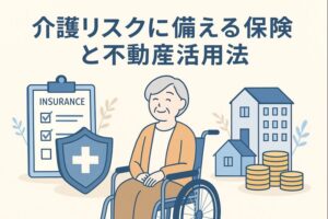 介護リスクに備えるための保険と不動産活用をテーマに、車椅子の高齢者、不動産のイラスト、保険チェックリストを並べたアイキャッチ画像。
