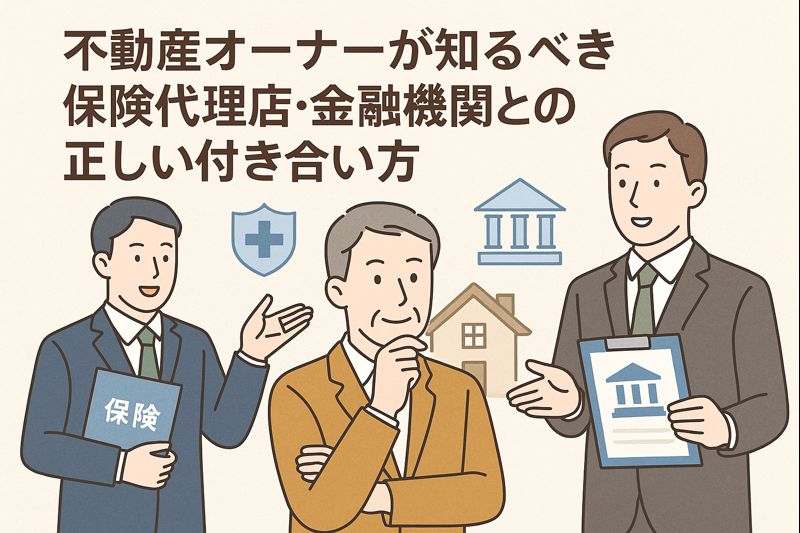 保険代理店と金融機関の担当者に囲まれ、不動産オーナーが保険や融資の提案を比較検討している様子を描いたイラストのアイキャッチ画像。