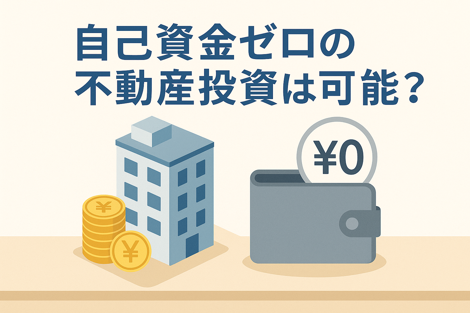 自己資金ゼロで始める不動産投資のイメージとして、物件と財布、そして「¥0」を示すアイコンが描かれた分かりやすいアイキャッチ画像。