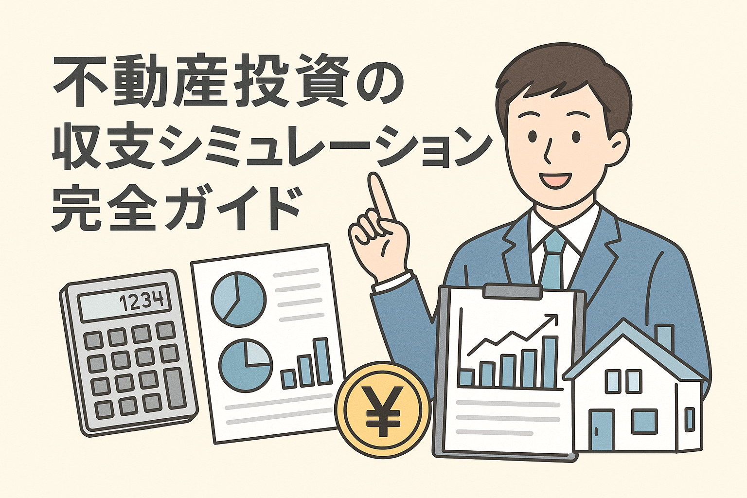 不動産投資の収支シミュレーションをテーマに、グラフや計算書類、電卓、家のイラスト、説明する男性が配置されたわかりやすいアイキャッチ画像