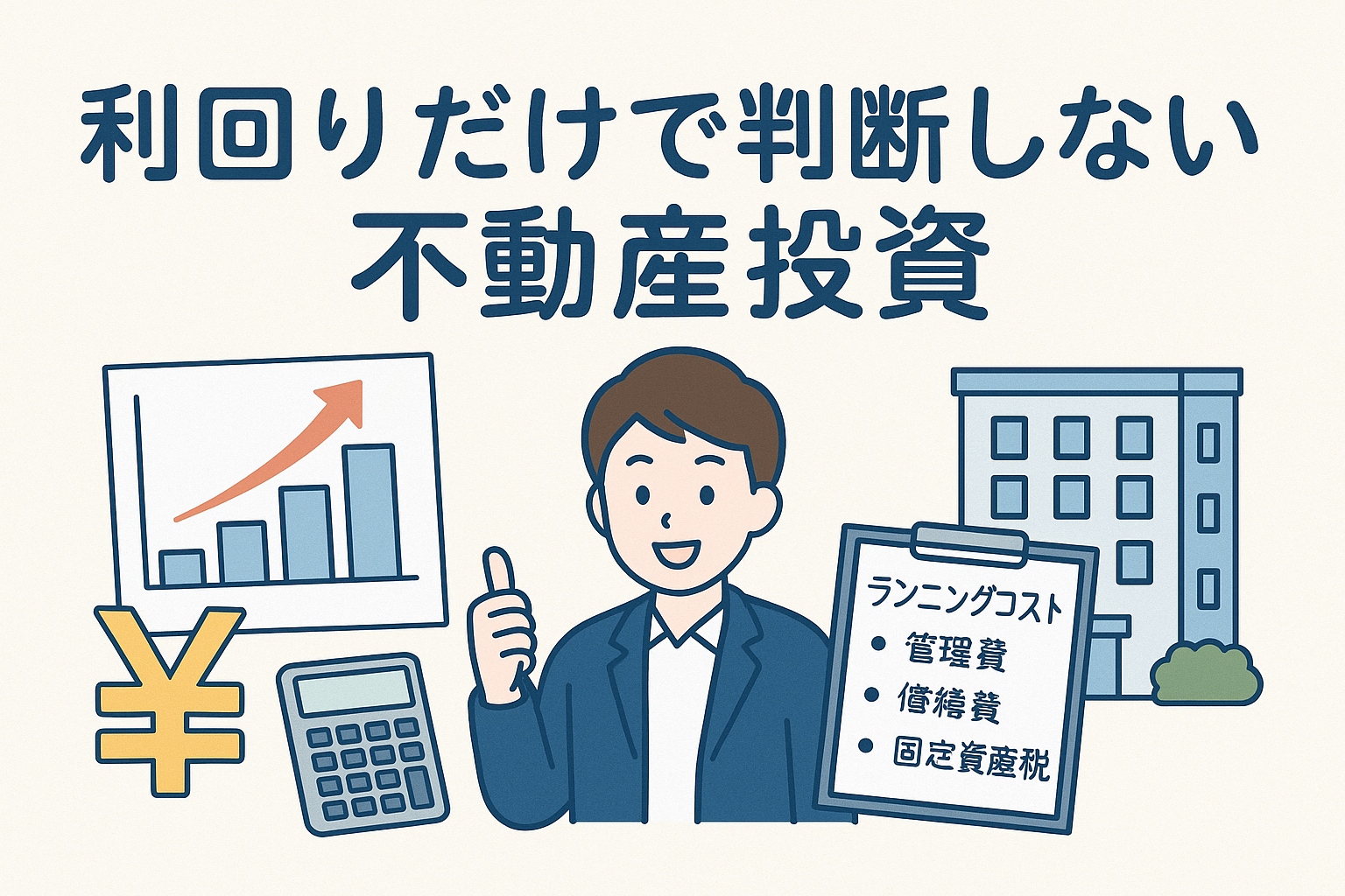 利回りだけで判断してはいけない不動産投資をテーマに、グラフ・計算機・マンションの建物・ランニングコストのメモ・投資家キャラクターが描かれたアイキャッチ画像。