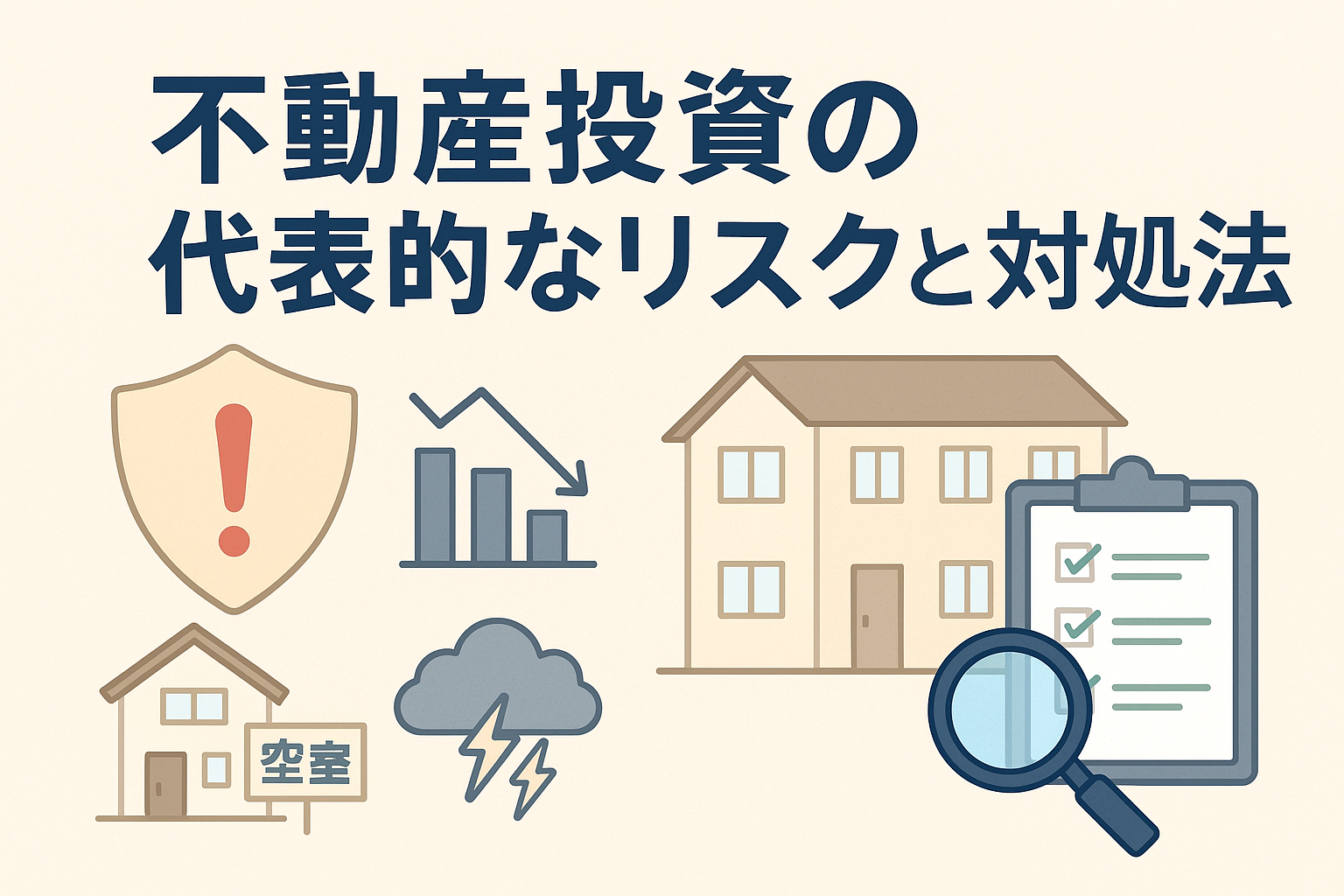 不動産投資における代表的なリスクと対処法を示したアイキャッチ画像で、空室・家賃下落・災害などのリスクアイコンと、チェックリストや住宅イラストが配置されている。