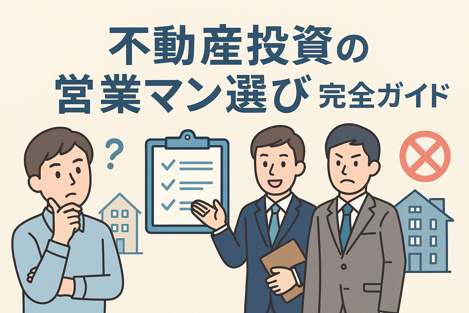 不動産投資の営業マン選びをテーマに、良い営業マンと悪い営業マンを比較しながらチェックリストを示すイラスト。投資初心者が信頼できる担当者を見極めるためのポイントを視覚的に表現した画像。