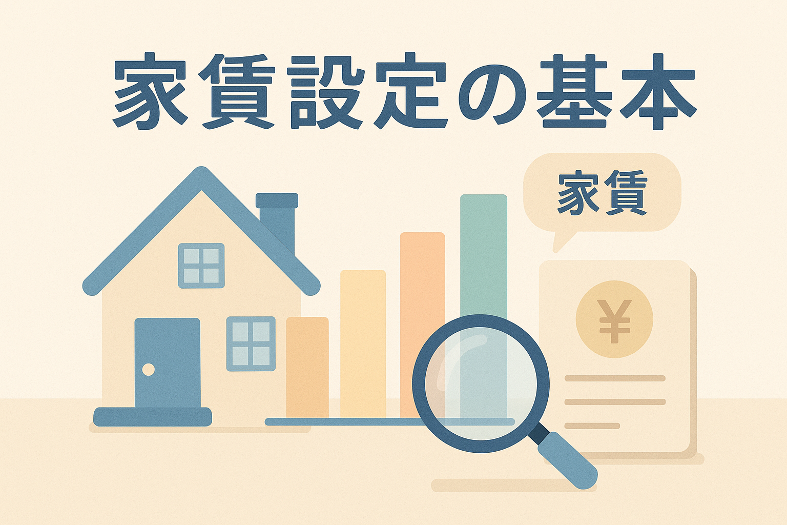 家賃設定の基本をテーマに、家のイラストや賃料調査を示すグラフと虫眼鏡が描かれた、家賃相場のリサーチをイメージできるアイキャッチ画像。