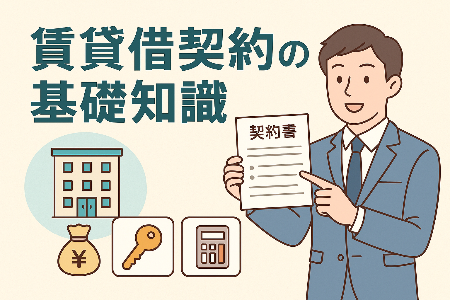 賃貸借契約の基礎知識をテーマに、スーツ姿の男性が契約書を指し示し、建物や鍵、電卓、費用などのアイコンが並ぶわかりやすいイラスト。